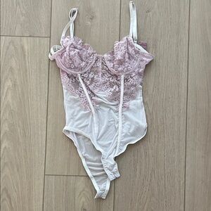 Olivaceous Lavender and White Lace Bodysuit